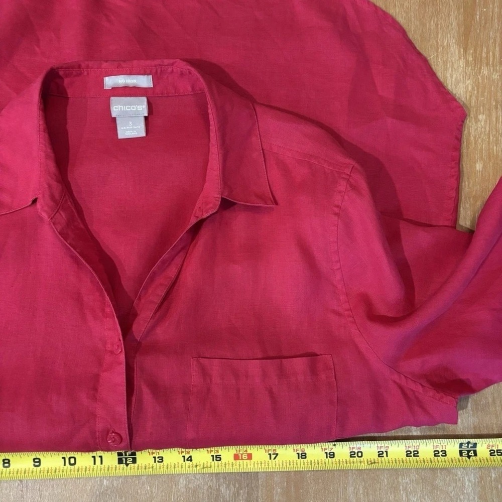 Chico's XL /3 Linen Flax Shirt Women  No Iron Fuschia Lagenlook Coastal Grandma - Picture 3 of 3